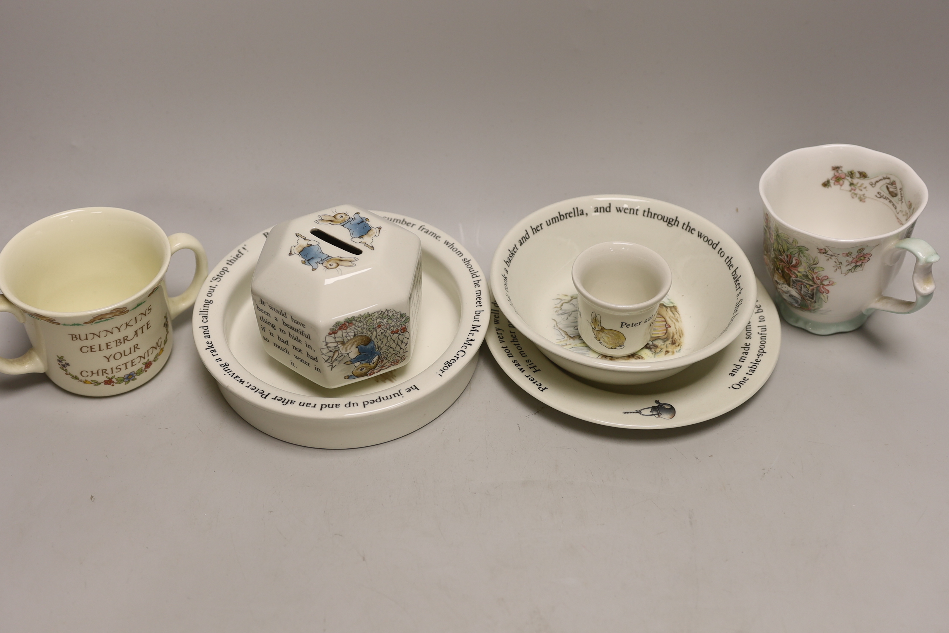 Five Beswick Beatrix Potter characters, and other related tableware